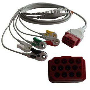 Ühilduv Bionet BM3 BM5 üheosaline EKG-kaabel juhtmejuhtmetega, AHA, 5-lülitise, klõpsatusega, punase 12 piniga